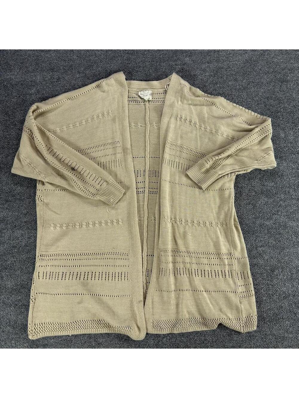 Hippie‎ Rose Beige Open Front Knit Cardigan Sweater M - Cottage, Boho, Natural